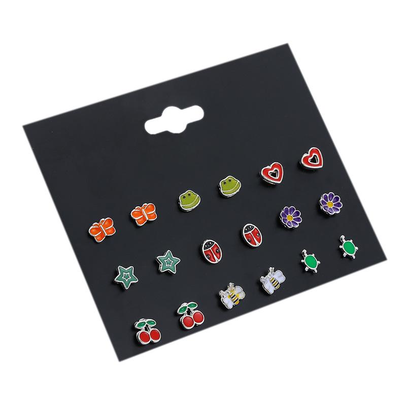 Korean version of versatile animal fruit combination set cute stud earrings female niche simple high-end rose flower earrings