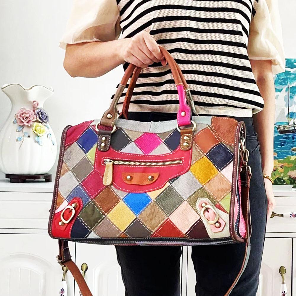 Style Sub-Leather Women'S Bag Handbag Colored Cowhide Rhombus Splicing Shoulder Messenger Bag Casual Big Bag