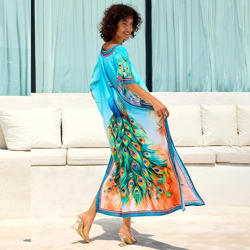 European & American Cotton Print Beach Cover-Up Long Dress - Plus Size Swimsuit Sunscreen Robe