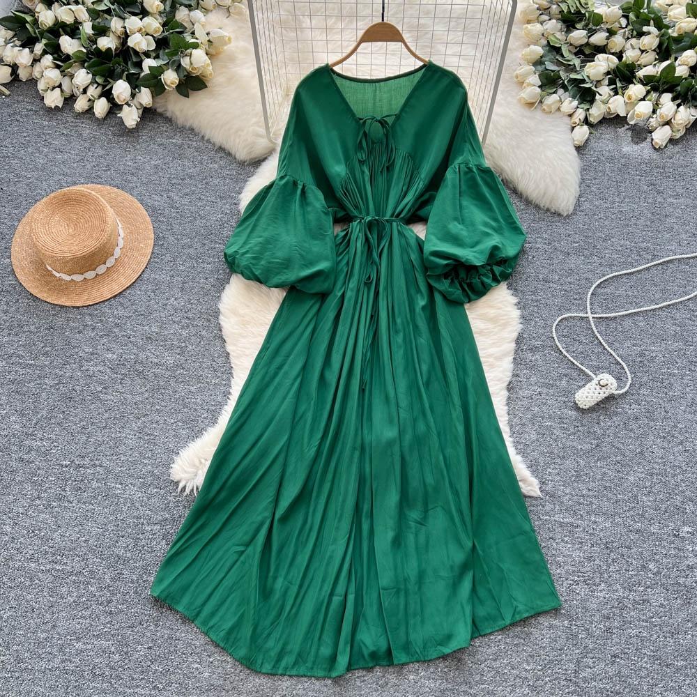 Retro V-Neck S páskem v pase Lucernový rukáv Délka ke kolenům A-Line Midi šaty Korejský Sle Letní Dlouhé šaty pro ženy