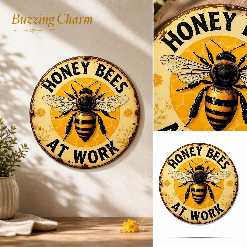 Round Metal Indoor Sign Honey Bees At Work Rustic Style Wall Decor Vintage Farmhouse Kitchen Decoration