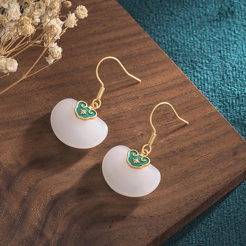 

Ancient Gold-Plated Auspicious Cloud Earrings with Imitation Hetian Jade