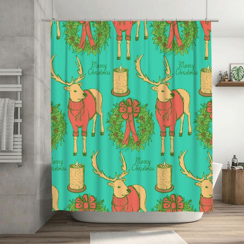 

Tu Christmas Shower Curtain Festive Holiday Forest Trees Reindeer Pattern Waterproof Fabric Decor Bathroom Set W60H190(CM)-1 Pcs