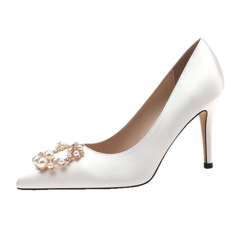French Wedding Shoes Satin Bridal Heels White High Heels Pointed Toe Elegant