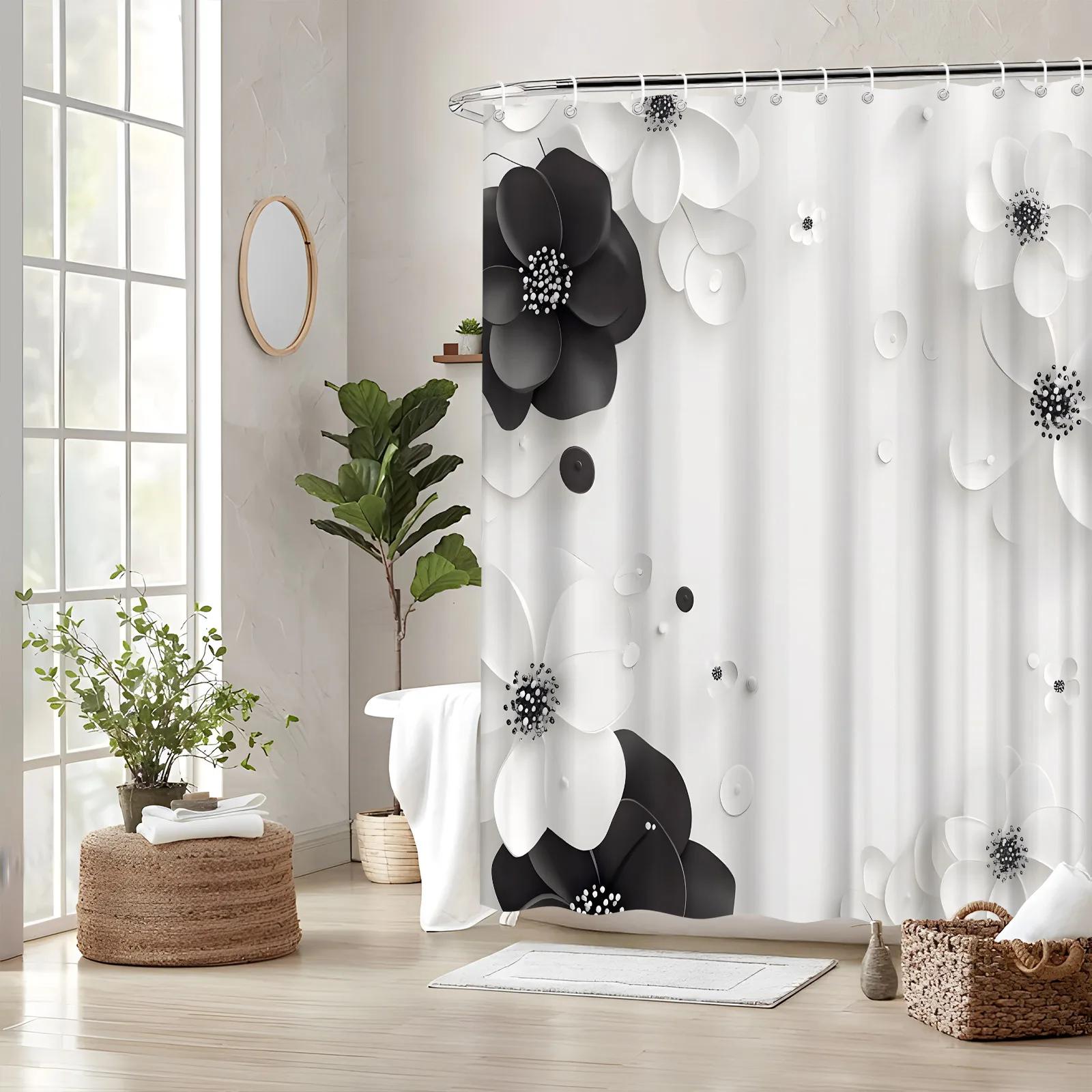 Textile Article Black/White ~O~Modern & 3D Floral Shower Curtain - 12 Hooks, Minimalist Design, Polyester, Machine Washable, Stylish Bath Decor
