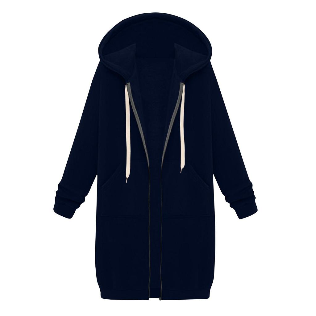 Women Casual Zip Up Hoodie Long Tunic Sweatshirt Winter Windproof Drawstring Hooded Jacket Outerwear Pockets