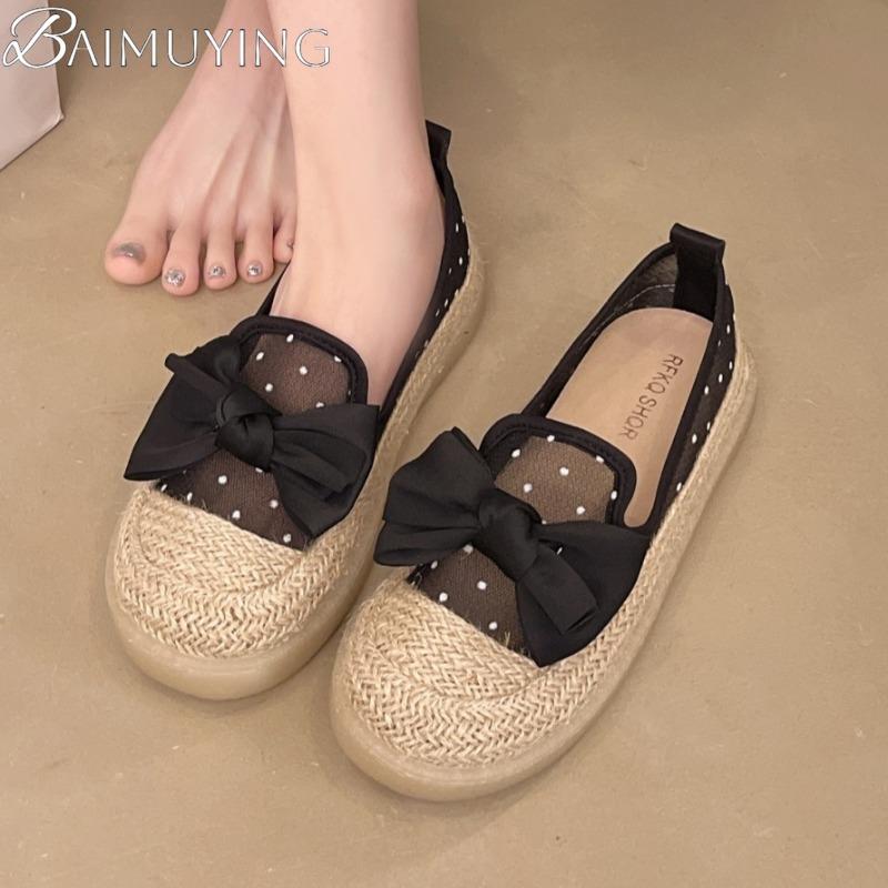 Fashion Bow Flats Loafers Shoes Women Weave Mesh Casual Soft Sole Sandals 2025 Trend Summer Beach Shallow Comfort Sandalias De Mujer
