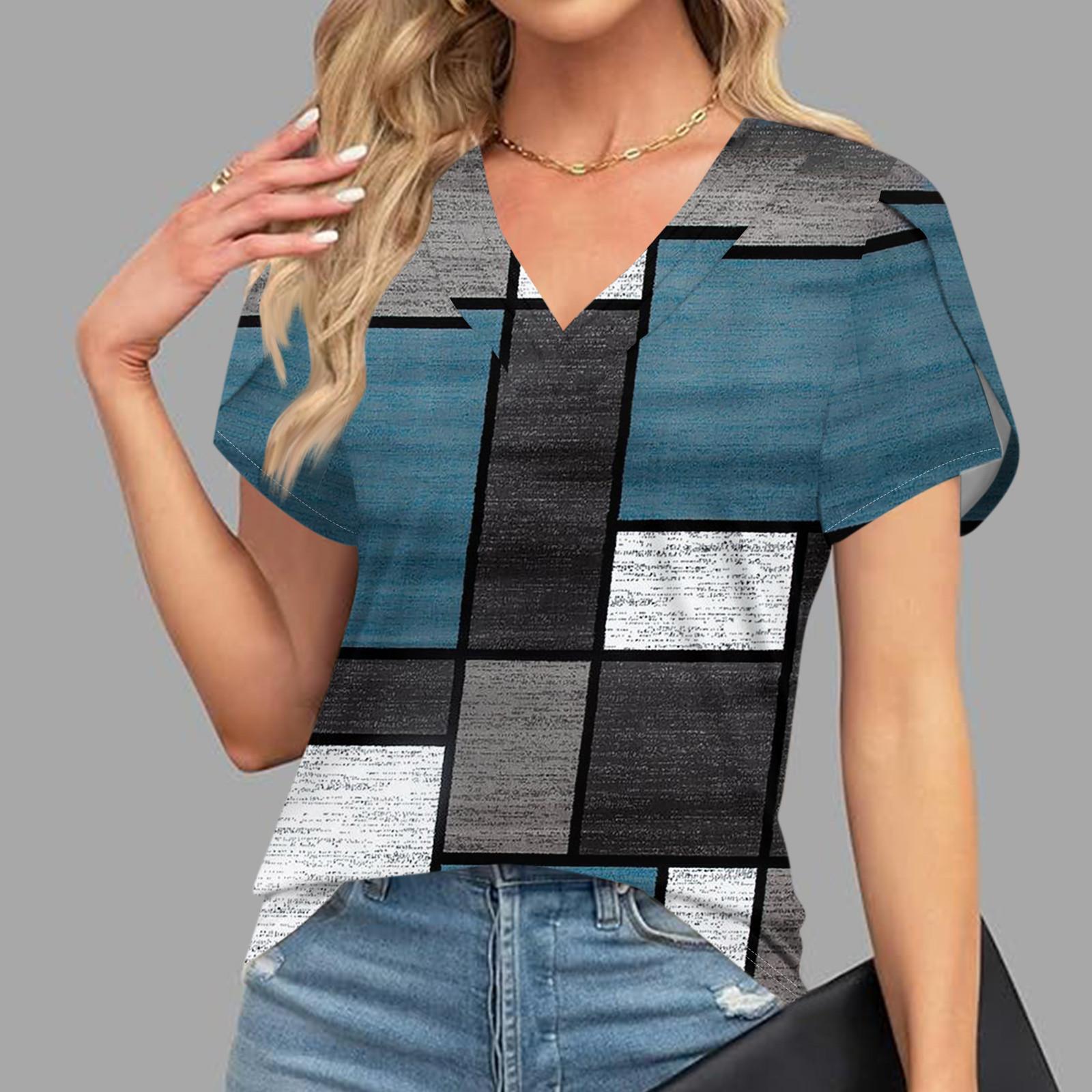 

Блузки для женщин, нарядные повседневные, модные футболки с короткими рукавами и ретро-принтом, уникальный дизайн, большие футболки с v-образным вырезом L синий