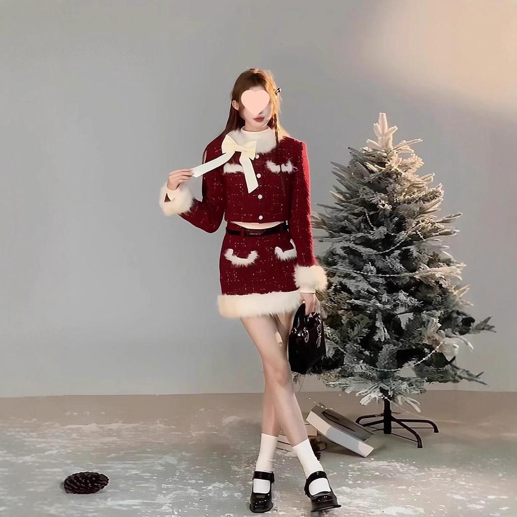 2025 Winter Women's Chic Red Christmas Set: New Year Patchwork Jacket & Skirt