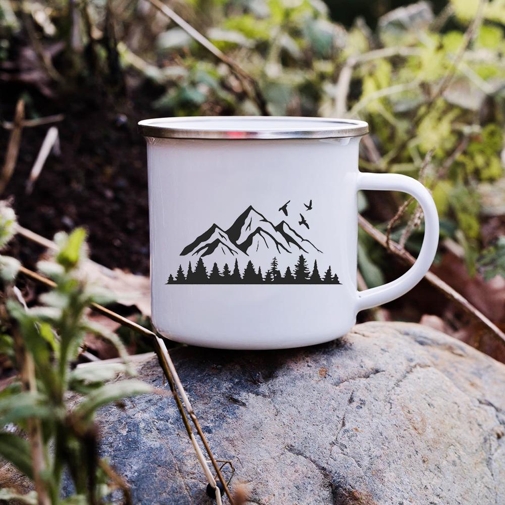 Sunset Forest Creek Creative Enamel Coffee Mugs Outdoor Travel Water Cups Camping Bonfire Party Beer Drink Milk Mug Best Gifts