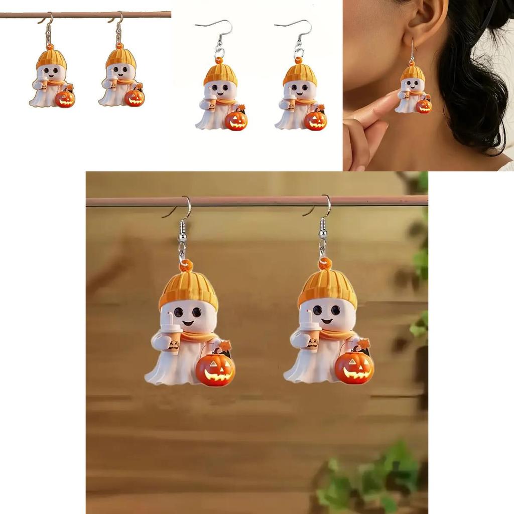 Halloween Themed Cartoon Ghost Milk Tea Pumpkin Pattern Women Acrylic Earrings For Daily Casual Attire