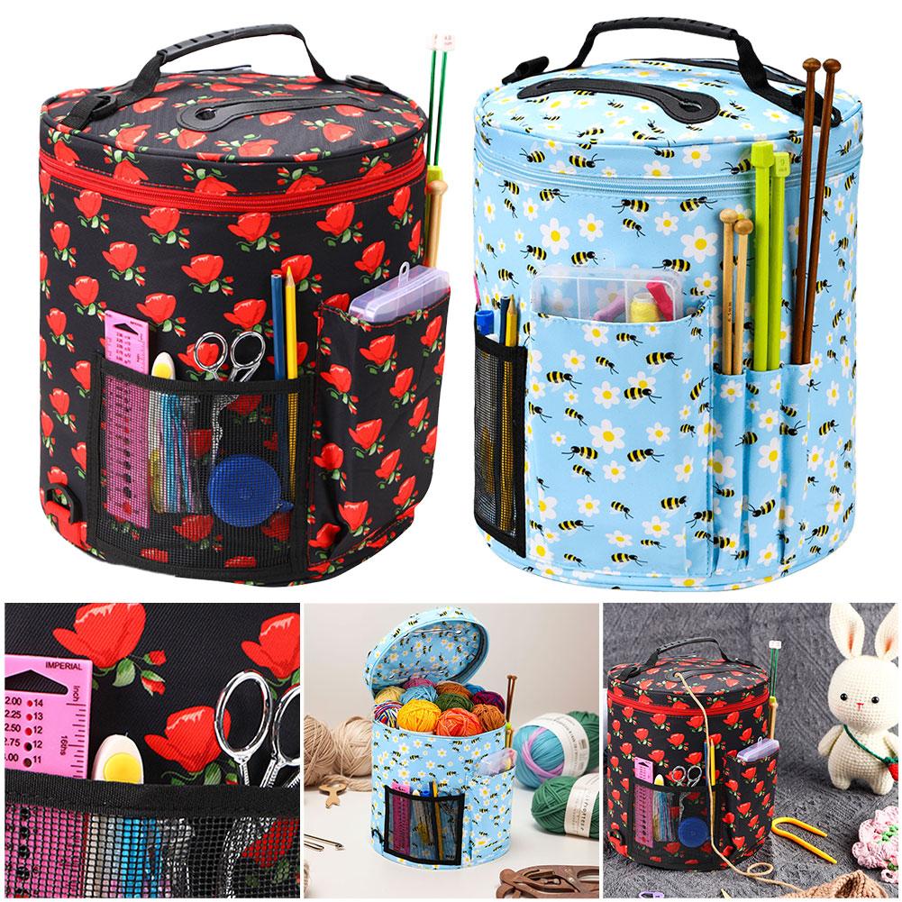 Oxford Cloth Yarn Storage Bag Rose Pattern Yarn Holder with Handle Tote Organizer for Hooks Knitting Needles