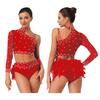 Sparkly Rhinestone Latin Dance Set for Womens - One Shoulder Long Sleeve Crop Top with Back Feather Briefs 2-Piece for Belly Dance Chacha Tango