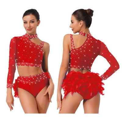 Conjunto de Top Crop Latin Dance Feminino de Manga Longa Assimétrico Brilhante com Strass e Calcinha com Pena nas Costas