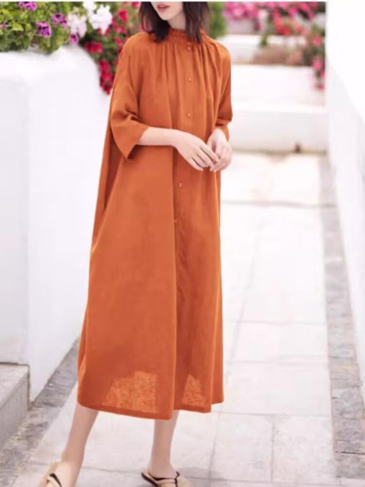 

Solid color cotton and linen temperament dress women s 2025 summer new stand-up collar five-quarter sleeve simple medium and long dress 2XL помаранчевий