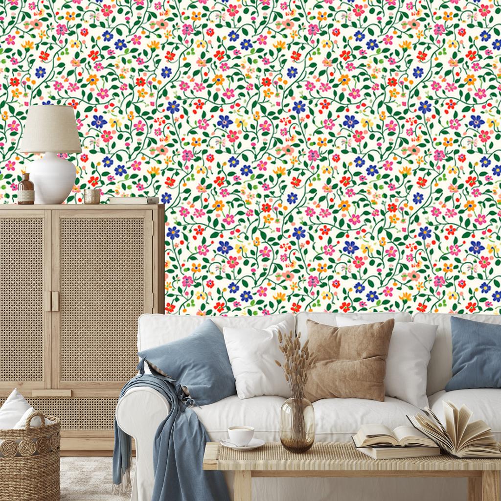Wallpaper Small Flowers Green and White for Living Room and Bedroom 50x1000
