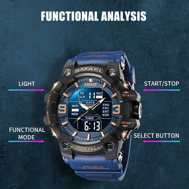 SMAEL Heren Dubbele Display Horloges Sport Waterdicht LED Licht Wekker Dubbele Tijdweergave Week Automatische Datum Polshorloges 8049 Sport Polshorloge