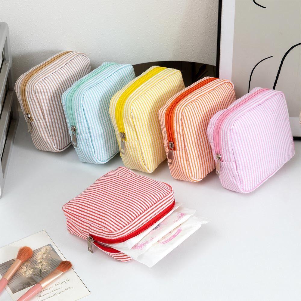 High Quality Durable Seersucker Sanitary Napkin Pouch Striped Pattern Multi-functional Mini Makeup Bag Cosmetic Bag Women
