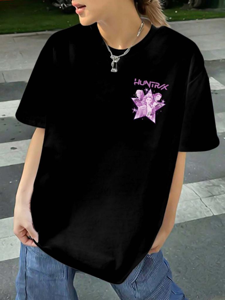 Women's Kpop Witch Hunter Graphic T-shirt Black Tee Purple Accents Casual Everyday Halloween Outfit Lightweight Crewneck Top