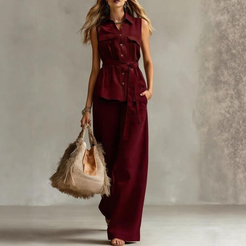 GMXIA Women's  Sleeveless Shirt Collar 1Fashion Casual Pants Suits
