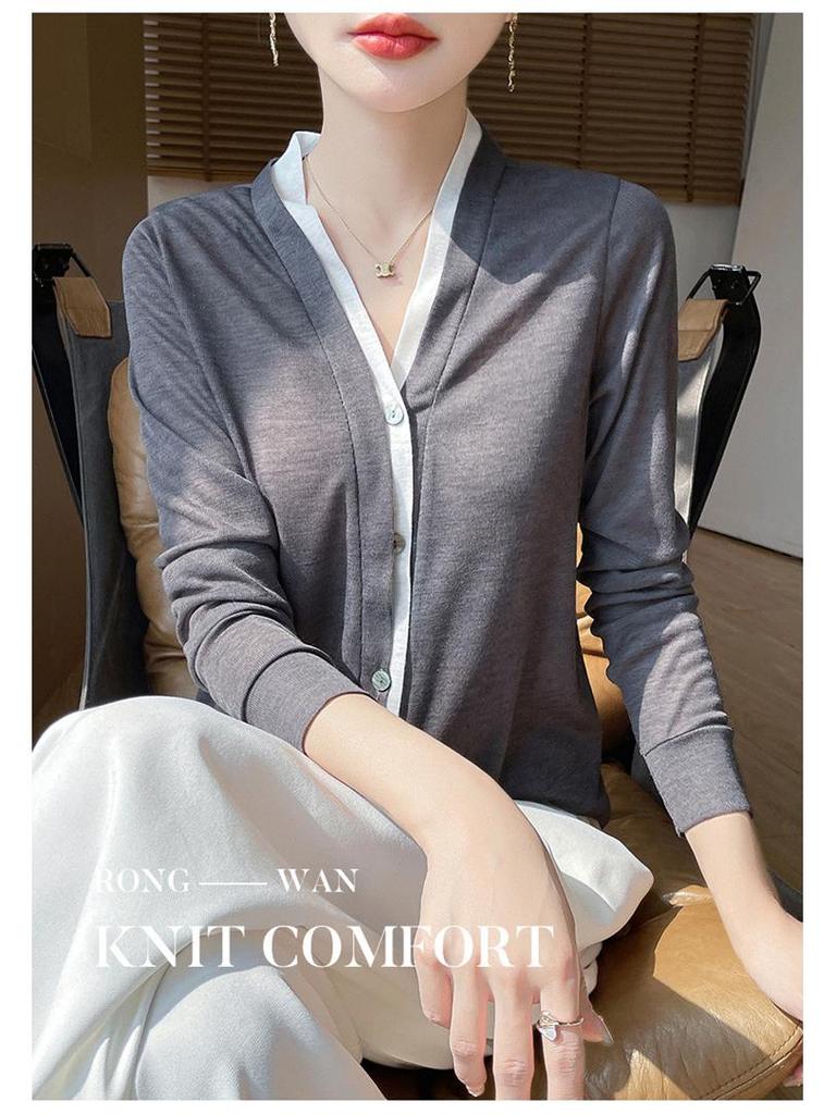 2025 Spring/Summer Colorblock V-Neck Fine-Knit Cardigan – Long Sleeve, Loose Fit, Versatile Two-Piece Top
