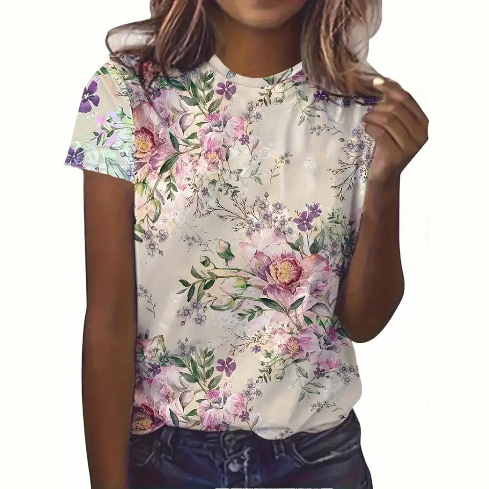 Summer Women's T Shirts Flower 3D Print T-Shirts Fashion Cerw Neck Short Sleeve Tops Oversized Female Y2k Clothing Cute TShirt