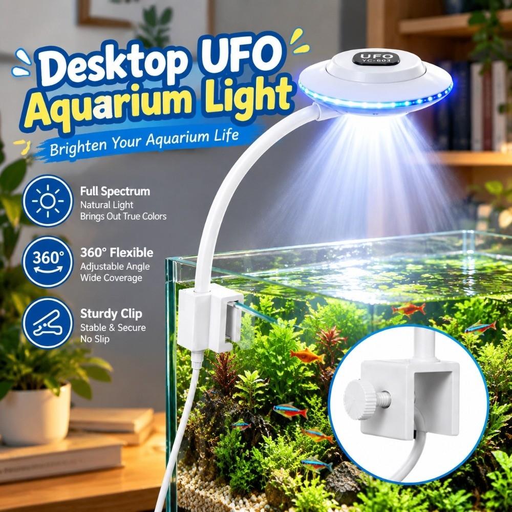 UFO Shape Clip-on Aquarium Lamp 5W Adjustable Brightness Fish Tank Clip Lamp 3 Light Modes Flexible Plants Grow Lamp