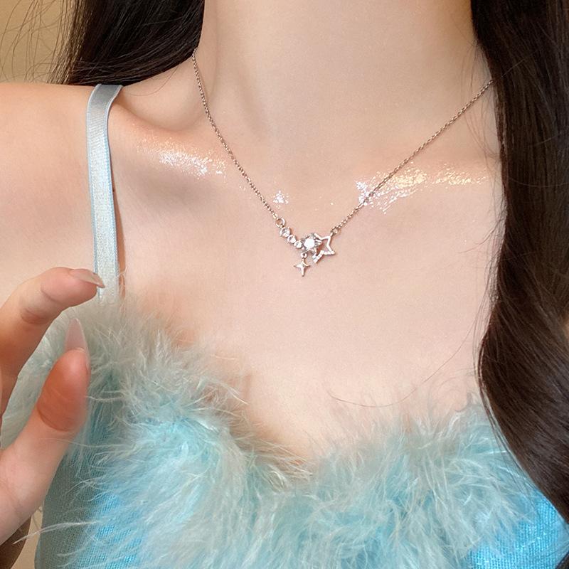 Elegant Shiny Zircon Star Cross Pendant Necklace Sweet Cute Girls Round Crystal Clavicle Chain Women Y2K Jewelry