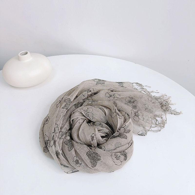 High Quality 100% Natural Linen Scarf Hijab Shawls Vintage Spring Floral Large Size Scarves With Tassels