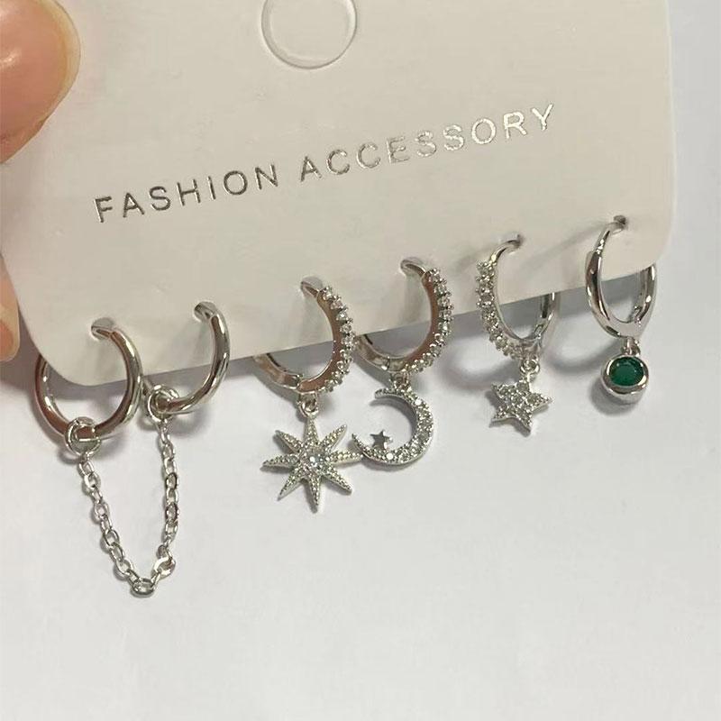 ANENJERY Silver Color 5-piece Earrings Sets Mosaic Cubic Zircon Moon Star Double Ear Hole Hoop Earrings Sets For Women