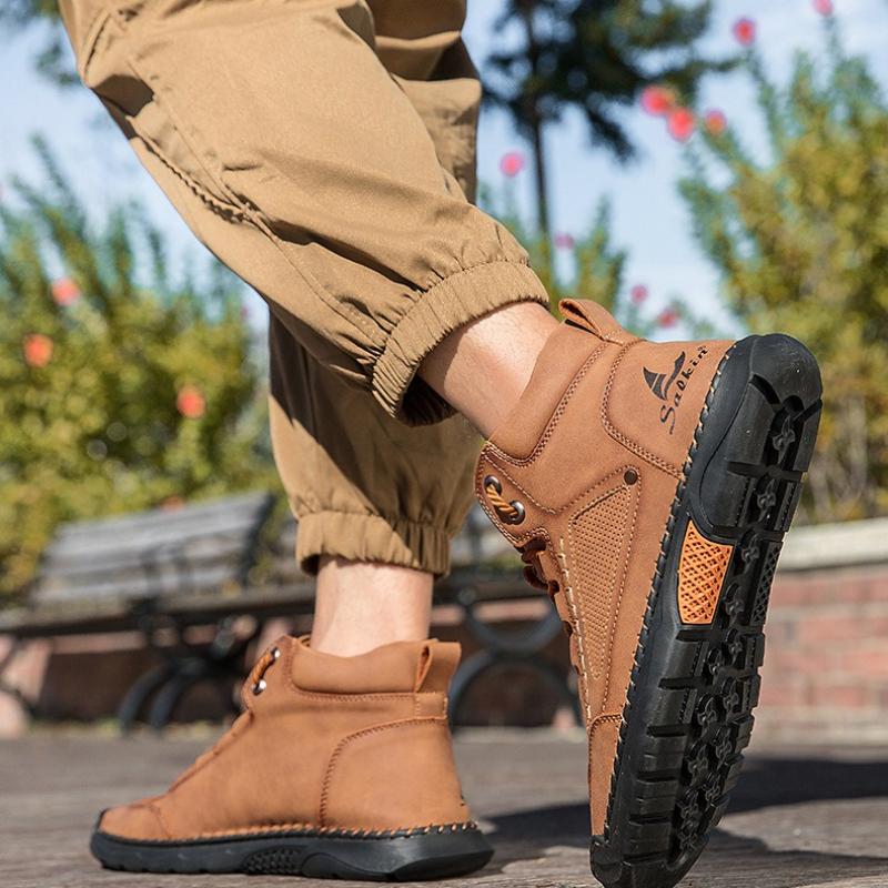 Women/ Men's PU Leather Boots, Men's Fashionable Handmade Stitched Ankle Boots, Flat Bottomed Lace Up Casual Shoes