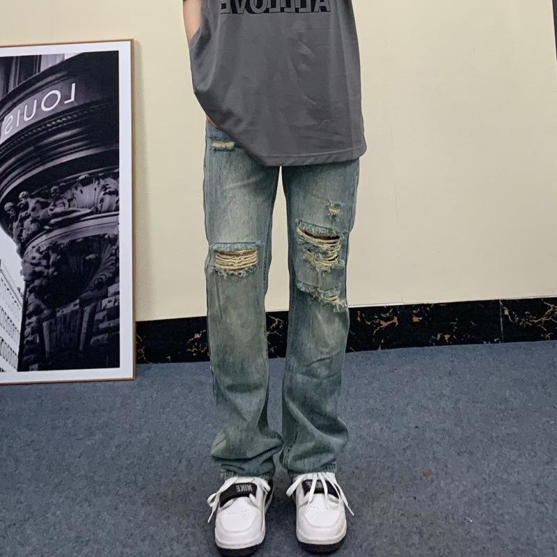 JYL Men s Straight Jeans American High-Street Ripped Ins European HipHop Denim L
