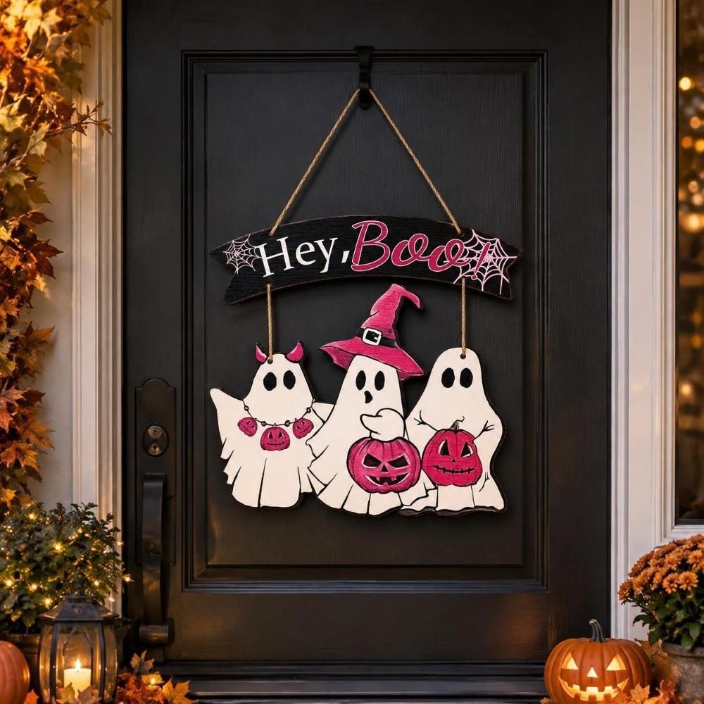 Wooden Halloween Ghost Door Sign 2D Flat Haunted House Hanging Door Plate Wall