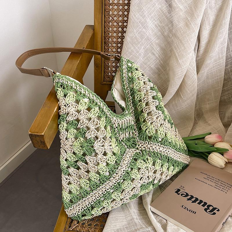 Retro contrasting color bag women's new imitation straw woven bag vacation beach bag casual armpit bag