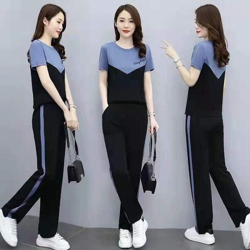 Sports Suit Women's Summer Loose Thin Short-sleeved Contrast Shirt Straight Trousers Casual Two-piece Set