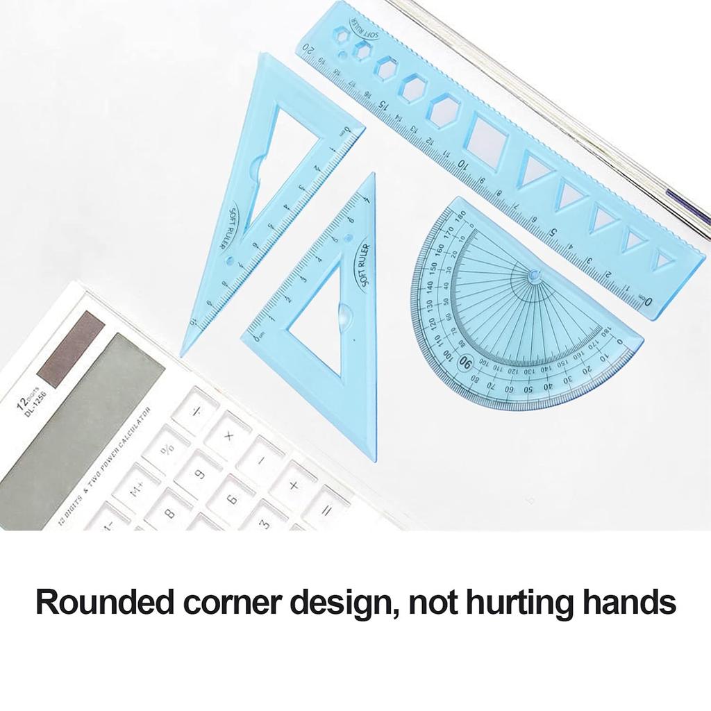 4 Pieces Math Geometry Tool Set Kids Transparent Angle Length Measuring Tools Geometry Set for Kids, Includes Plastic Clear Ruler, Protractor,