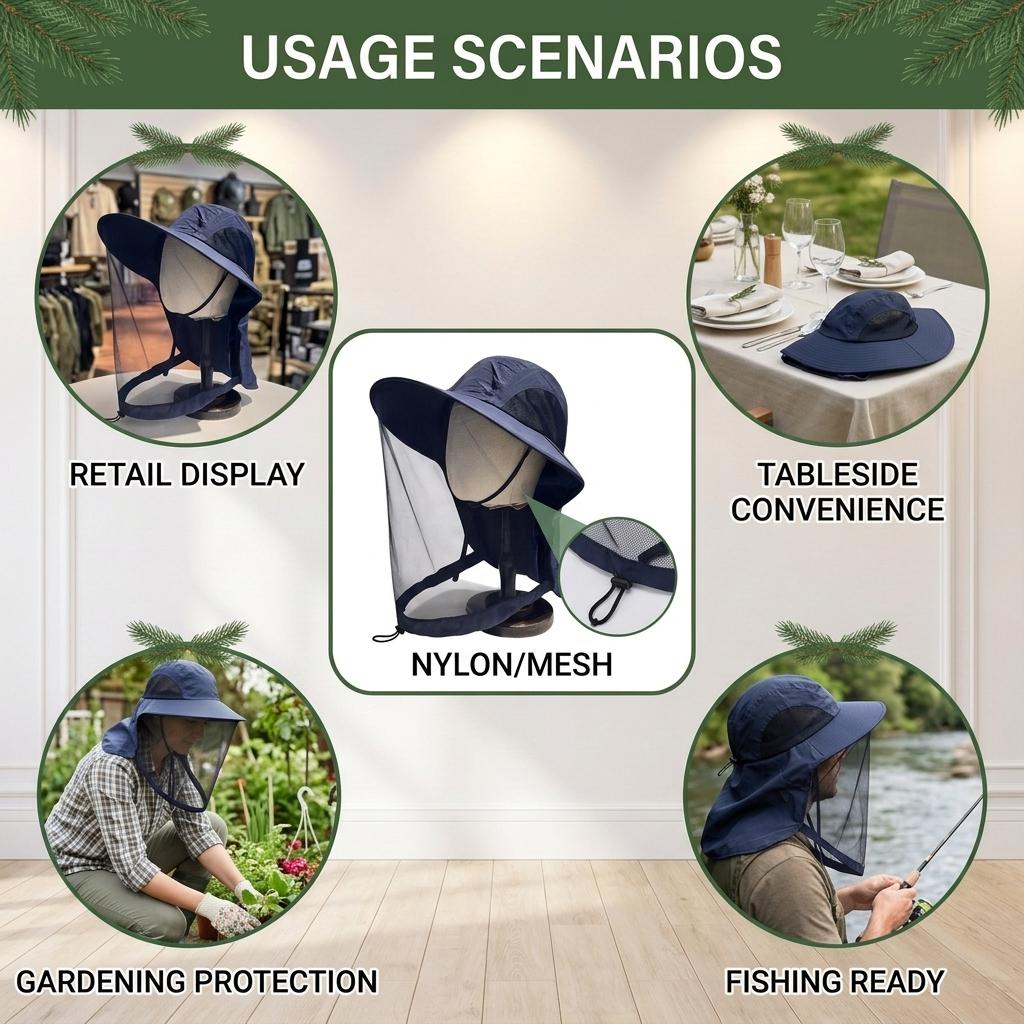 Outdoor Mosquito-Protection Hat Wide Brim Sunscreen Fishing Hat with Mesh Veil Foldable Design for Men Women