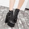 Stivali neri moda Donna Tacco Primavera Autunno Stringati Scarpe con plateau in morbida pelle Stivaletti da donna