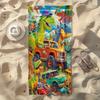 Dinosaur Monster Truck Beach Towel, Playful Graphic Art Quick-Dry Sand-Free Microfiber Bath Towel for Kids, Party and Camping