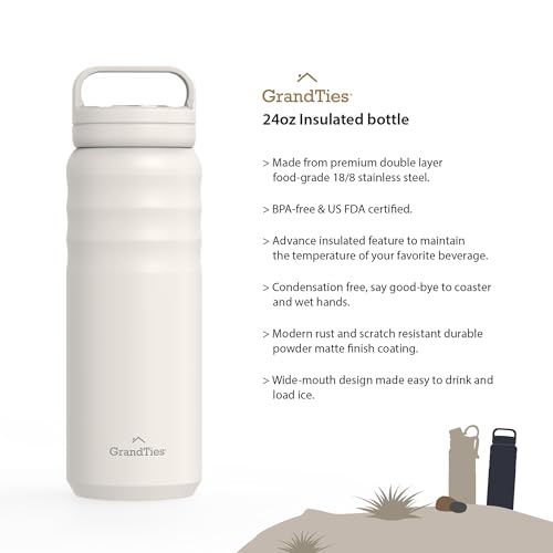 GRANDTIES Vacuum Insulated Stainless Steel Water Bottle, Wide Mouth, 709ml, with Two Lids, Direct Drinking, Keeps Hot or Cold Water Hot for 12 Hours,