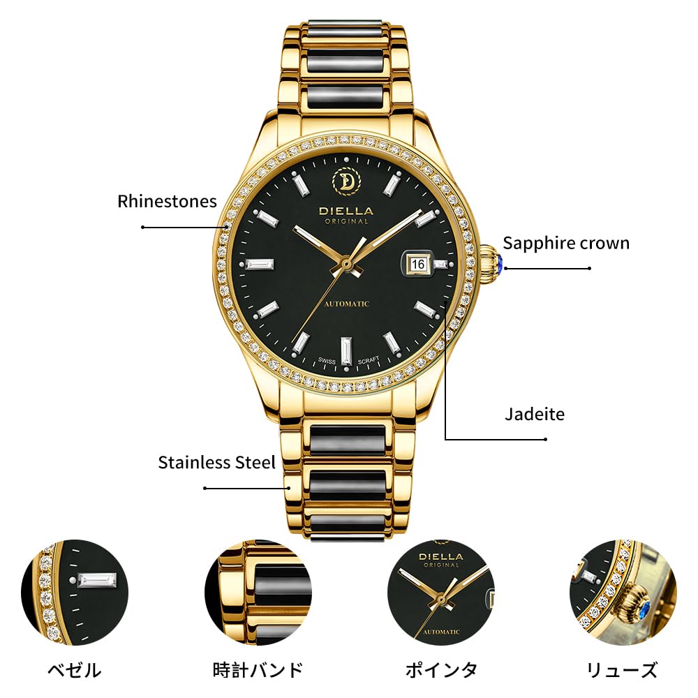 Diella Men's Mechanical Watch with Jadeite Cut, Unique Texture, Date Display, Luminous Hands and Markers, and 5 ATM Water Resistance (AD6097-QY-G)