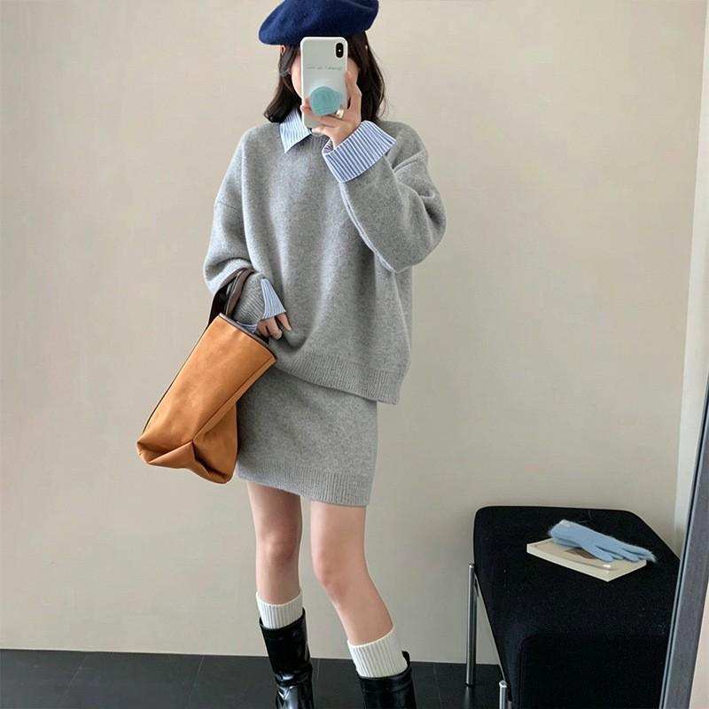 Women's Color Block Two-Piece Shirt Collar Sweater - Lazy Style Autumn Grey Knitwear Set