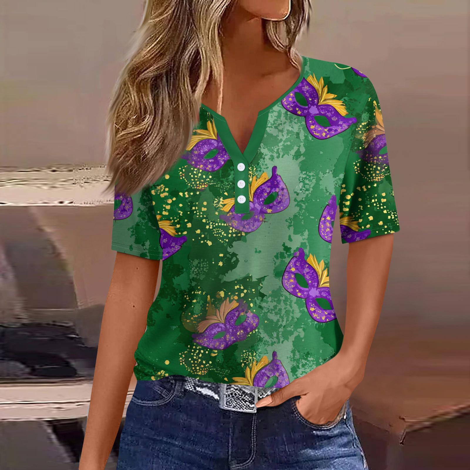 

Жен. Футболка Футболка С принтом Пуговицы С короткими рукавами Повседневные Выходные Мода Классический V-образный вырез Обычный Верх XL зелёный