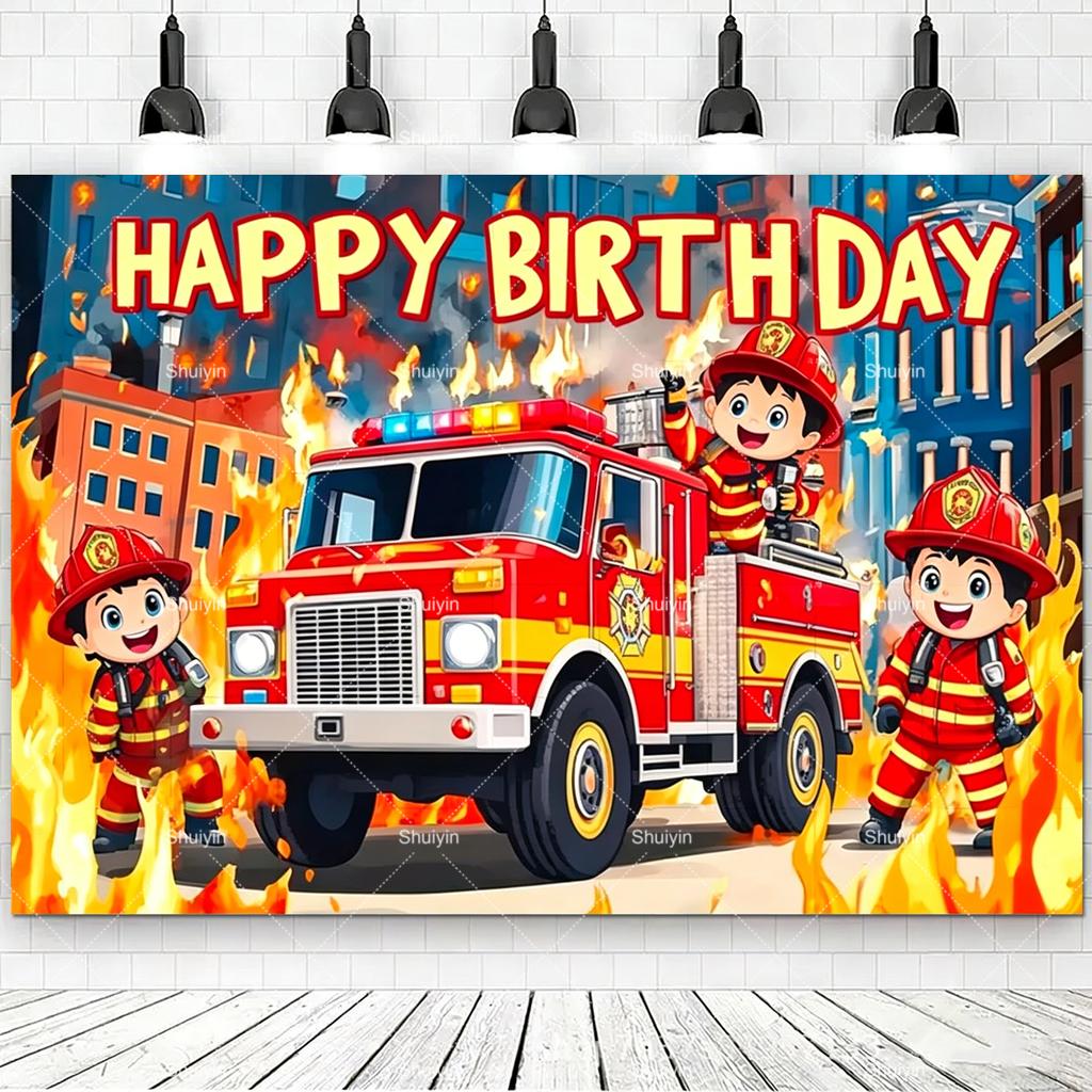 Cartoon Firefighter Firetruck Theme Backdrop Red Flame Fireman Boy Birthday Decorations Party Supplies Photography Background