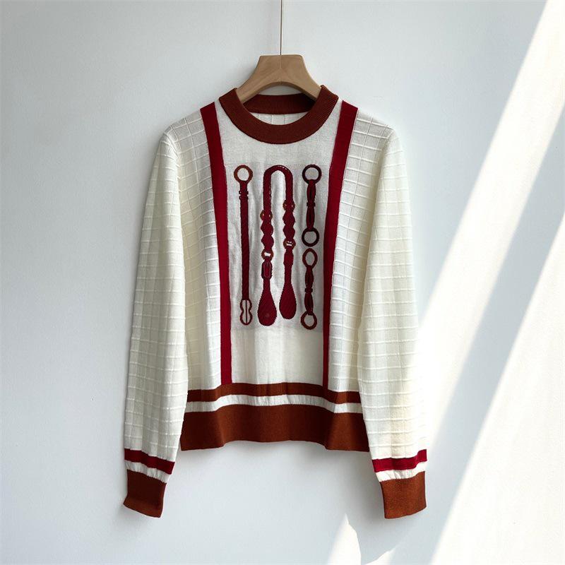 Women's H Brand Age-Reducing Wool Tencel Blend Color Block Round Neck Pullover Sweater