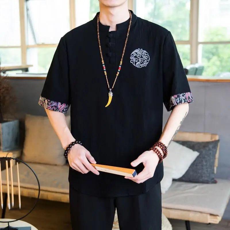 Camiseta de Linho Estilo Chinês com Botão de Disco Masculina Verão Manga Curta Camisa Tang Solta Tamanho Grande Camiseta Kimono Japonês Masculino Novo