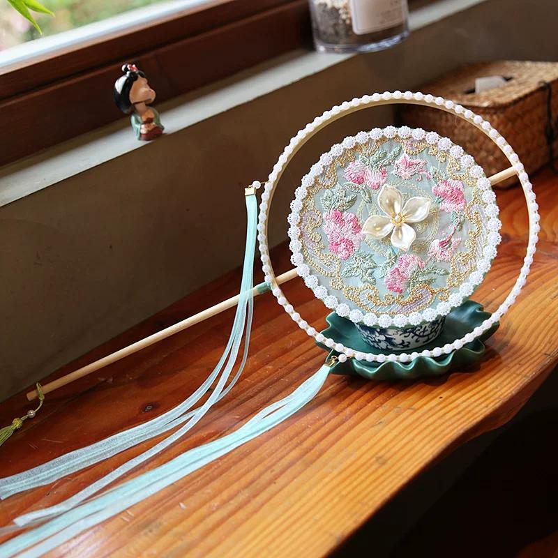 Double Petal Machine Embroidery Circular Fan Handicraft Photography Dance Court Retro Style Long Handle Bamboo Fan