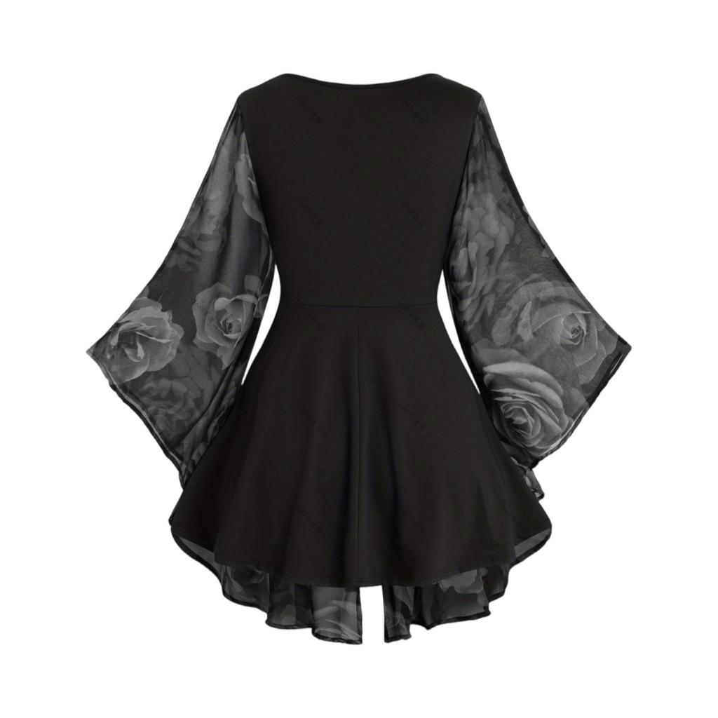 Fashion Plus Size Women's Rose Print Drawstring Irregular Sleeves Mid-length Tops For Women
