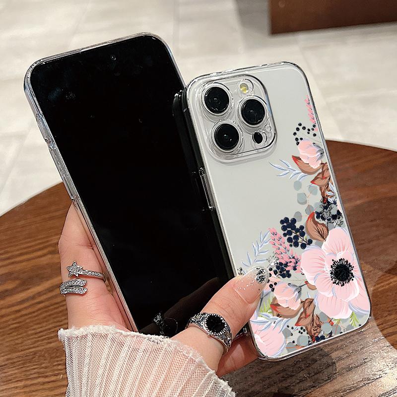 For iPhone 15 Pro Max 14 13 Pro 12 11 Phone Cover Beautiful Floral Pattern Clear Shockproof Slim PC Hard Case