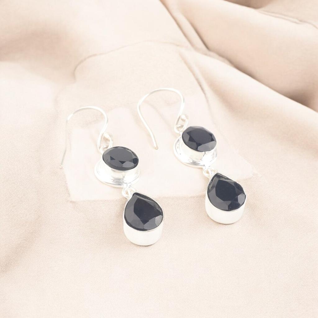 Black Onyx Gemstone 925 Sterling Silver Handmade Jewelry Earrings 1.8" For Gift EE-142-14